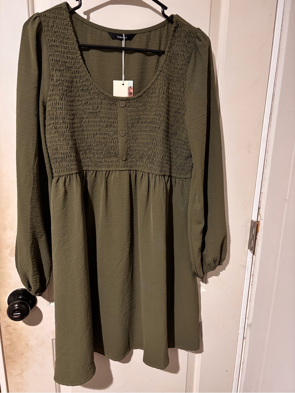 Olive Smocked Long-Sleeve Babydoll Dress